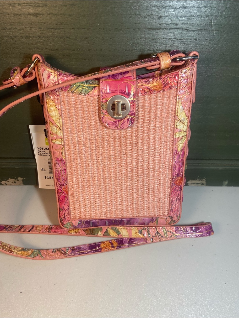 Brahmin Pink Woven Crossbody with Floral Trim - Picture 13 of 13
